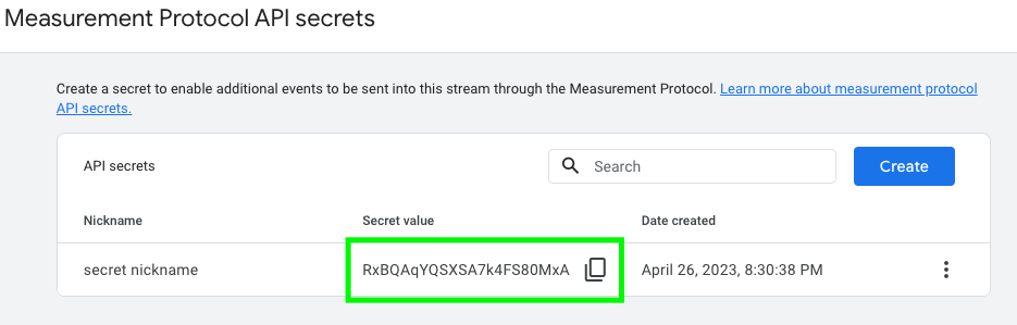 Google Analytics 4 Measurement Protocol API secret value
