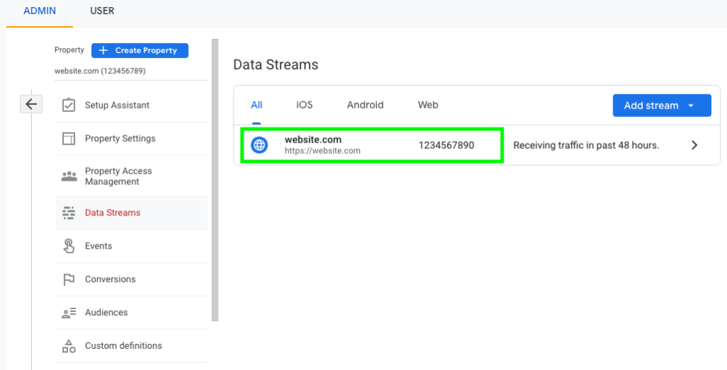 Google Analytics 4 property data stream list