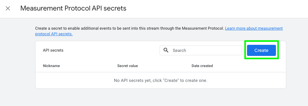 Google Analytics 4 Measurement Protocol API secret screen list